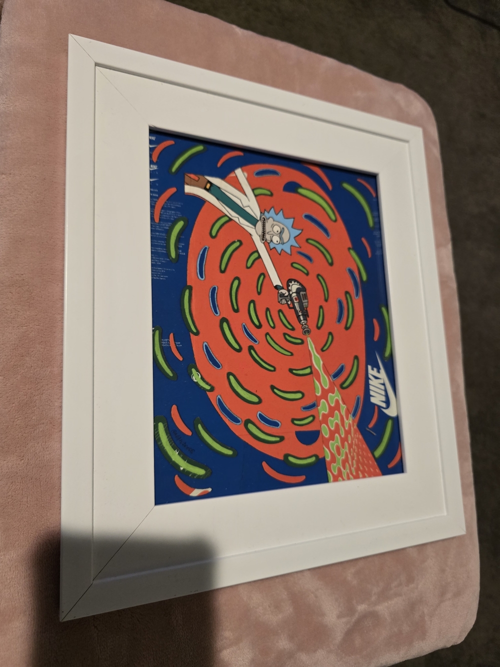 Mawdoods Nike Rick And Morty  Blue, Orange and Green Art Print with White Frame